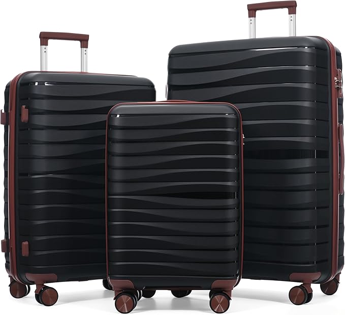 Hardside Luggage Sets, Lightweight Wave Suitcase with Spinner Wheels, PP Black