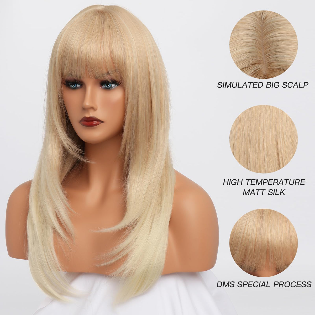 EssionTech 613 Blonde Wig With Bangs Long Wavy Straight Wig with Layered Hair Synthetic Heat Resistant Wigs for Women Daily Party Use 26 Inches