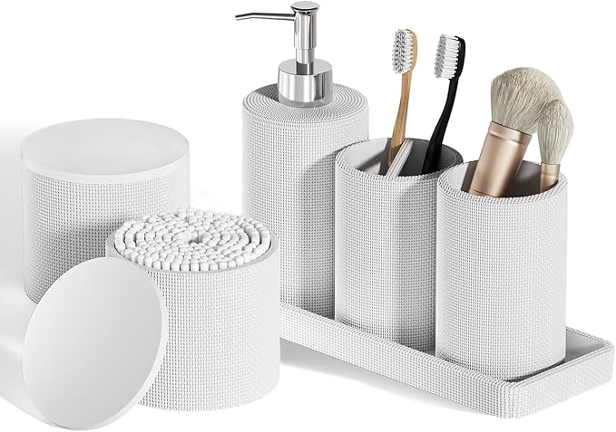 6-Piece White Bathroom Set - Mesh Textured Resin Bathroom Accessories Set with Soap Dispenser, Toothbrush Holder, Cup, Vanity Tray & Apothecary Jars for Small Spaces