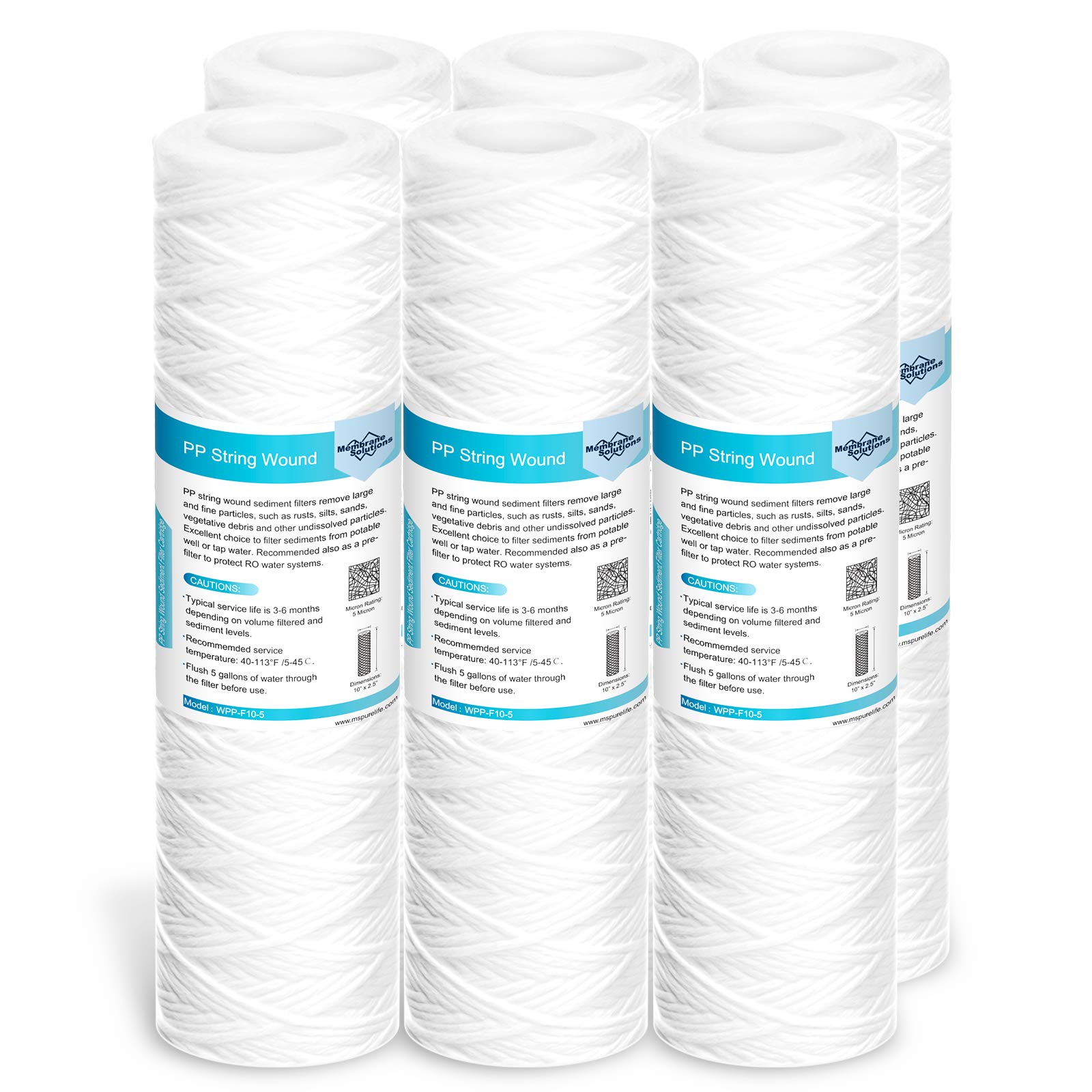 Membrane Solutions 5 Micron 10"x2.5" String Wound Whole House Water Filter Replacement Cartridge Universal Sediment Filters for Well Water - 6 Pack