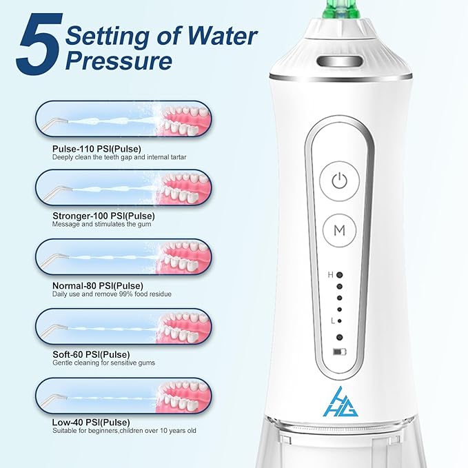 Dental Flosser with 5 Modes, Cordless Travel Dental Flosser, Rechargable, Long Lasting Battery, 300ml Water Tank, Travel Friendly. FDA Accepted.