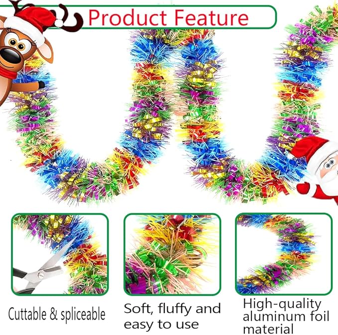33Ft Long Tinsel Twist Garland Shiny Thick Metallic Foil Xmas Tree Decorations for Birthday Party Halloween Parade Floats Christmas New Year Parties and Other Holidays Hanging Decor Supplies-Colours
