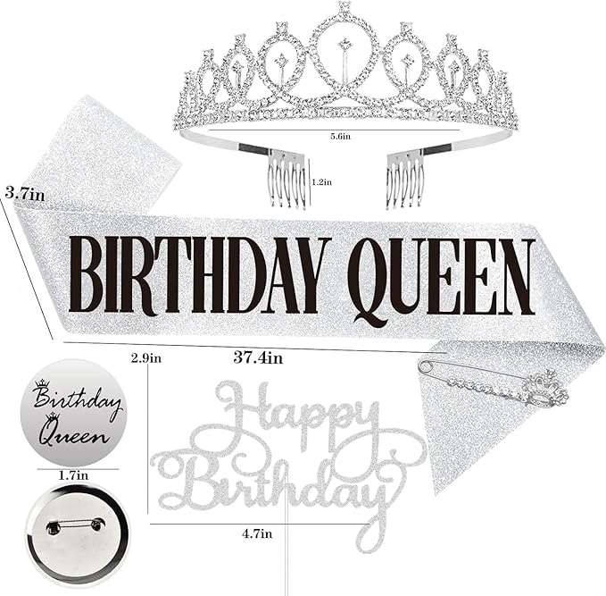 Birthday Sash, Birthday Crown, Birthday Cake Topper, Birthday Pin Button. Queen Sash and Birthday Tiara for women and Grils Birthday Decorations for Women MS4U (Silver)