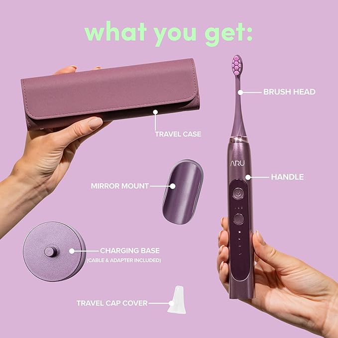 ARU Sonic Toothbrush Starter Kit with Customizable Modes and 2 Minute Timer, ADA-Approved Electric Toothbrush for Adults, Soft Toothbrush for Gums, 45+ Days Battery, Travel Case, Amethyst Purple