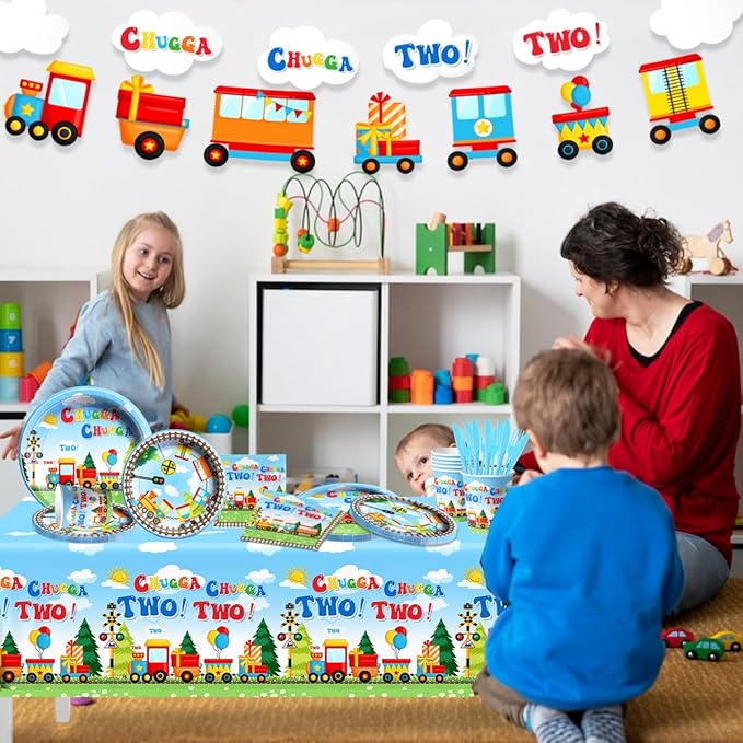 Chuagaa Chugga Two Two 142PCS Birthday Decoration Train Paper Plates Tableware Set - Transportation Table Cloth Banner Cups for 2nd Birthday Train Party Supplies