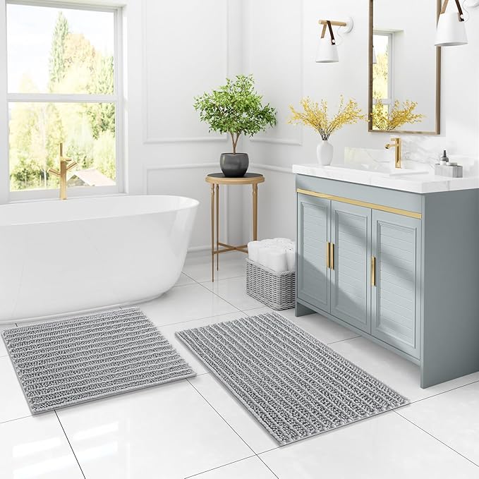 Arotive Luxury Chenille Bathroom Rug Mat, Extra Soft Thick Absorbent Shaggy Bath Rugs, Non-Slip Machine Wash Dry, Plush Bath Mats for Bathroom, Shower and Tub, 24x16, Light Grey