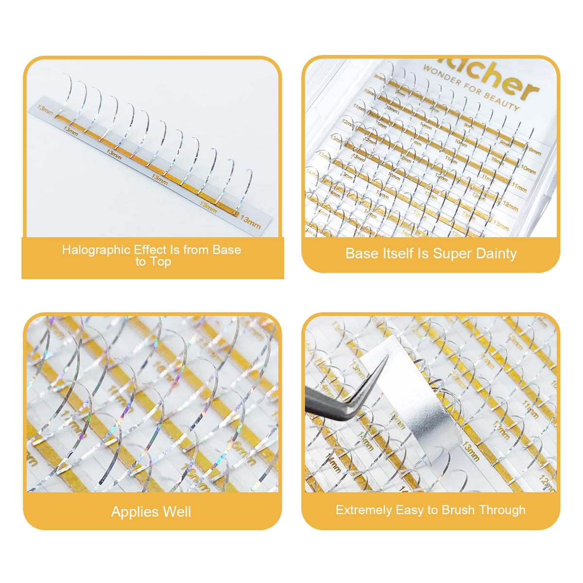 HAICHER Colored Lash Extensions CC Curl 9-18mm Mixed Lash Trays, Holographic Lash Tinsel for Eyelash Extension (Silver, Spike)