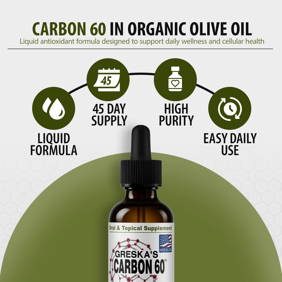 Greska's C60 in Organic Olive Oil - 45 Day Supply - Solvent-Free Carbon 60 Antioxidant Formula for Cellular Support, Vitality, Focus & Overall Wellness (1oz)