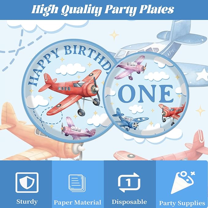 Rakuto Airplane 1st Birthday Party Decorations, 96PCS Time Flis Disposable Paper Plates and Napkins Decorations, Airplane First Birthday Forks Decor Supplies for One Years Old Boys Girls Serve 24