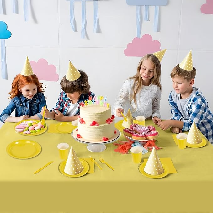 Ottin Yellow Party Supplies for 24 Guests 169PCS Disposable Paper Plates and Napkins Set with Cups, Forks, Knives, Spoons & Tablecloth – for Birthday Wedding Halloween Thanksgiving Christmas New Year
