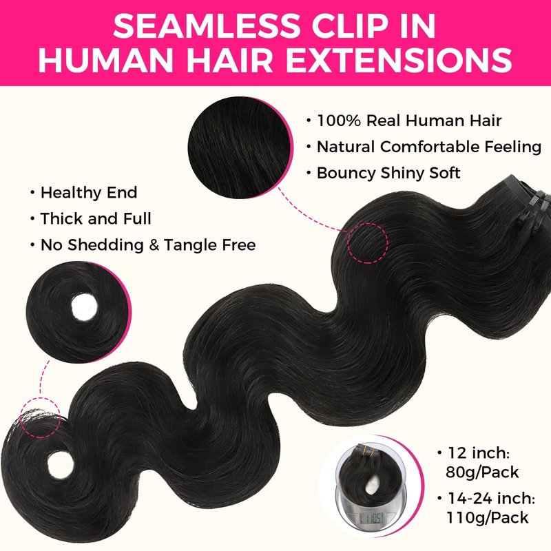 Lashey Seamless Clip in Hair Extensions Remy Human Hair Extensions, 110g 7pcs Body Wave Natural Black Clip in Hair Extensions Real Soft Human Hair Natural Black Human Hair Extensions 14 Inch