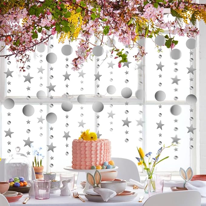 Glitter Star Garlands Decorations, 52 Feet Star Paper Garland Banner, Circle Dot Star Hanging Streamers for Valentine's Day Wedding Anniversary Ramadan Birthday Graduation Party Supplies Decorations