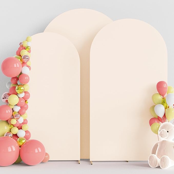 Wokceer Wedding Arch Backdrop Cover (7.2FT, 6.6FT, 6FT) Set of 3 Spandex Fitted Beige Arch Covers Round Top Chiara Arches Covers Stretchy Backdrop for Birthday Party Ceremony Banquet Decor