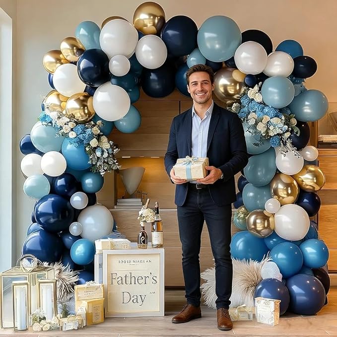 Navy Blue White Balloon Garland Double Stuffed Dusty Blue Gold Pearl White Balloons Beige Cream Balloon Arch Kit for Birthday Baby Shower Wedding Father's Day Graduation Party Decorations