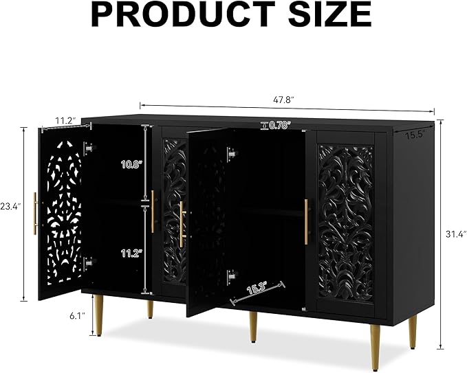 ARTPOWER 47.8" Accent Cabinet with 4 Doors, Vintage Hollow Carving Buffet Cabinet, Sideboards and Buffets with Storage, Credenza for Living Room, Kitchen, Dining Room, Entryway, Hallway, Black