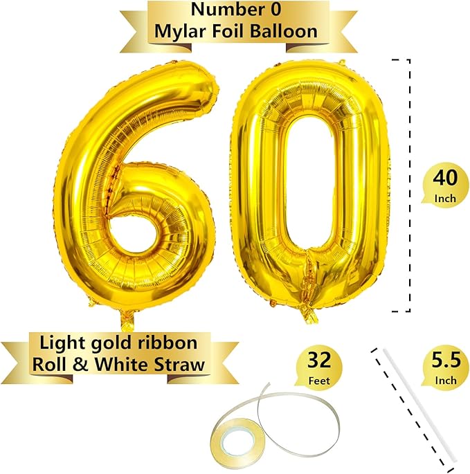 SINBEE Gold 40inch Number Balloon for Party, 60 Mylar Foil Digital Balloon for Birthday, Anniversary, Decorations Supplies (Gold 60, 1.0 Count, 40 inches, Reusable, Unisex)