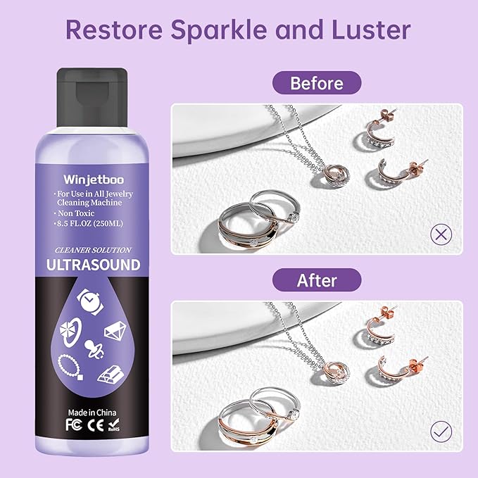 Ultrasound Jewelry Cleaner Solution, Use in All Ultrasound Jewelry Machines, Rings and Eyeglass, Performance Liquid Cleans Solution for Diamonds, Gold, Earrings, and Watch, 8.5 oz/250 ml