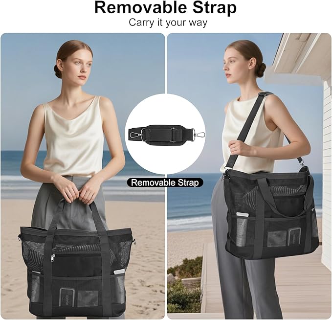 Mesh Beach Bags for Family - Women Beach Tote Bag for Toys, Towels, Travel Vacation Cruise Essentials