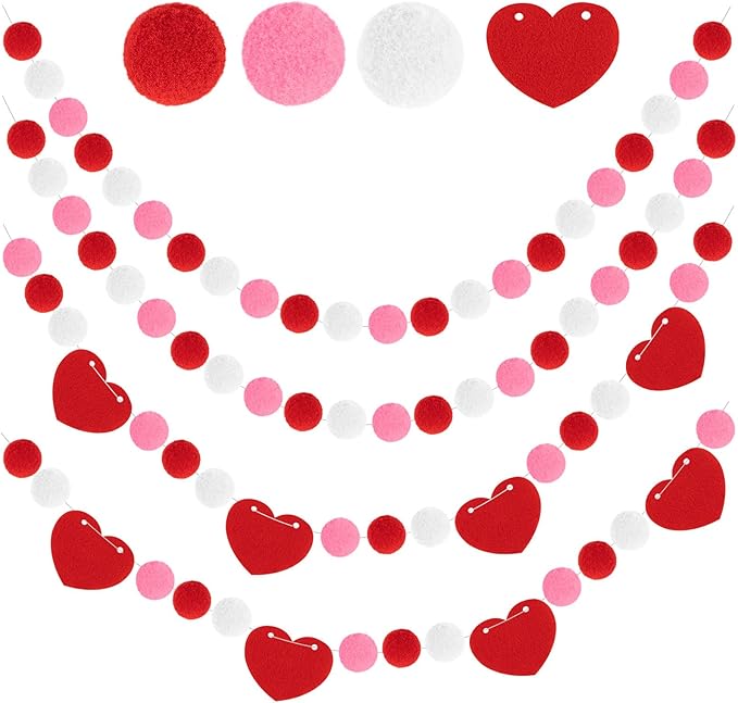 4 Pcs 26.3 Feet Valentine's Day Felt Ball Garland with Red Heart, Red Pink White Pom Pom Garlands Romantic Hanging Decorations for Valentine’s Day Wedding Anniversary Home Wall Decor