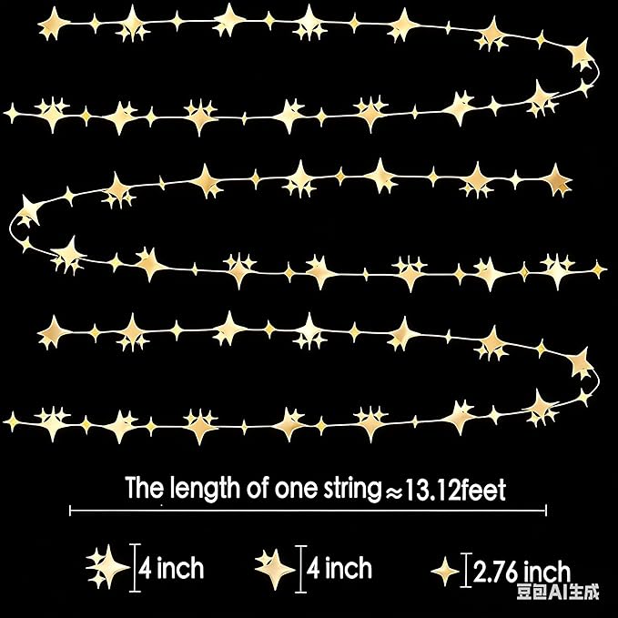 Glitter Champagne Four-Angle Star Paper Garland Banner Décor 40 Feet Twinkle Champagne Star Hanging Bunting Banner Backdrop for Wedding Baby Shower Birthday Graduation Disco Party Decorations