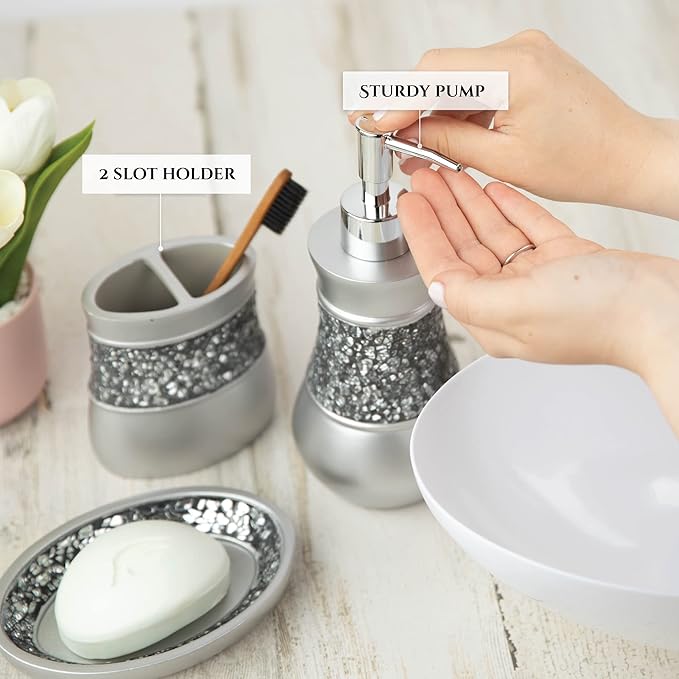Crackled Glass Silver Hand Soap Dispenser for Bathroom, Decorative Countertop Lotion Dispenser, Elegant Liquid Soap Dispenser with Sturdy Pump for Classic Bathroom Décor