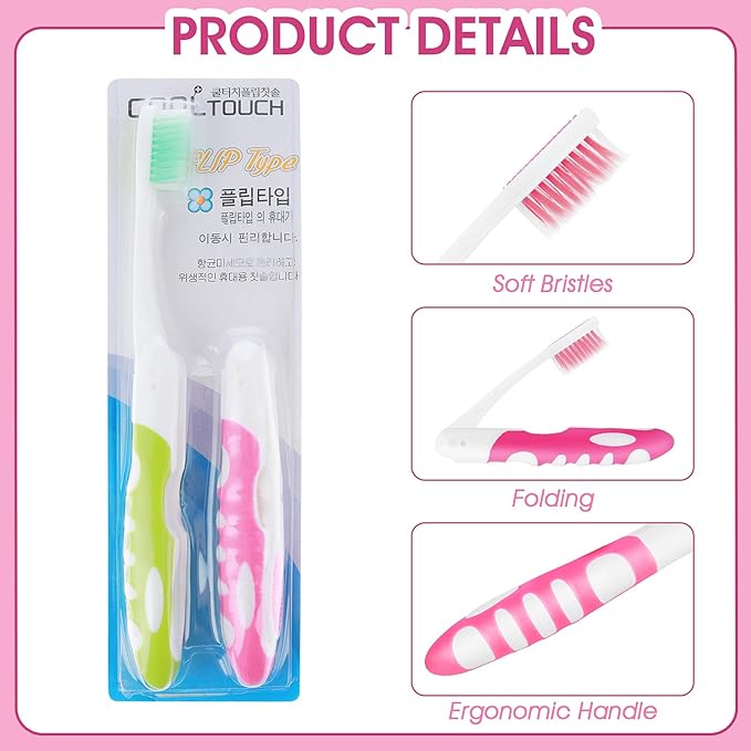 Ouligay 2Pcs Folding Portable Soft Toothbrushes - Small, Foldable Travel Toothbrush for Camping & Hiking