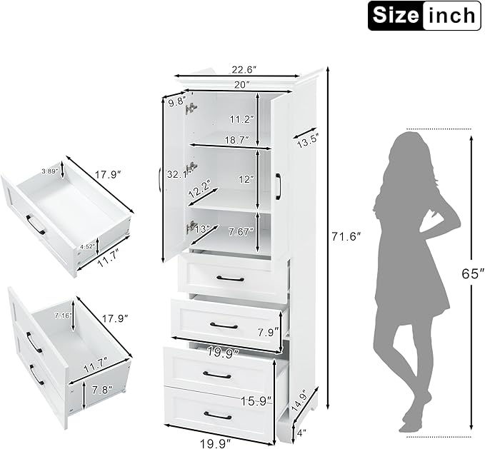 Tall Freestanding Storage Cabinet with 2 Doors & 3 Drawers, Multi-Purpose Organizer with Adjustable Shelf for Bathroom, Office, Living Room, White