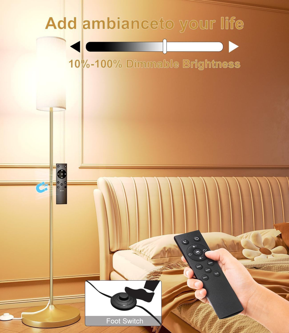 luckystyle LED Floor Lamp for Living Room, Dimmable Standing Lamps with Foot Switch,Remote Custom Color Temperature Gold Pole Lamp with Lampshade,12W Led Bulb Tall Lamps for Bedroom Office Kid Room