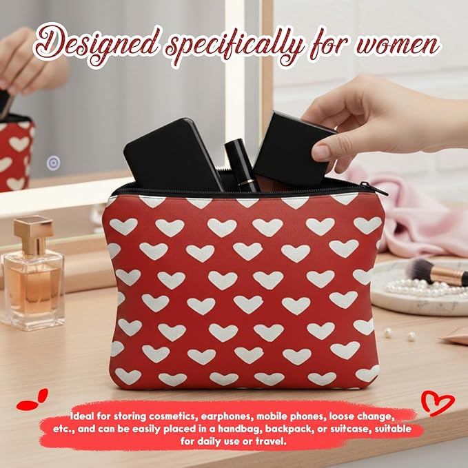 GRITOSE Valentine's Day Small Bag Red with Hearts designs Cosmetic Pouch with Zipper for Women Girls Romantic Valentines Gift Full Cover Work Toiletry Bags for Student Travel Accessories