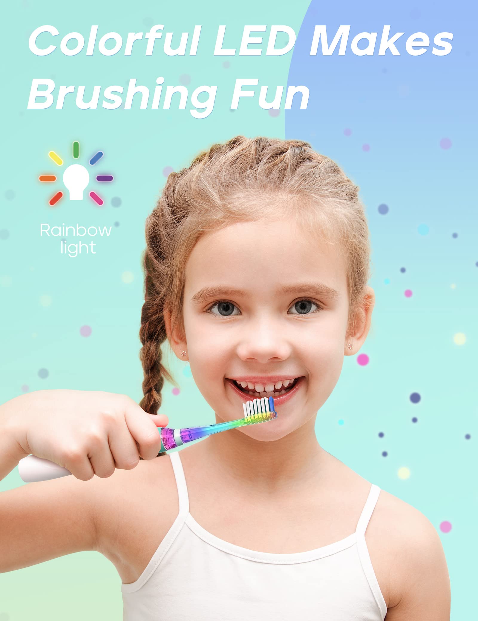 SEAGO Kids Electric Toothbrush with 2 Mins Brushing Timer and 4 Replacement Brush Heads, Rainbow LED Light Makes Brushing Fun, Boys Battery Powered Toothbrush for 4-12 Years Old，SG-977(Green)