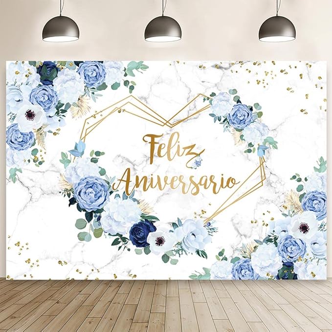 MEHOFOND 10x7ft Feliz Aniversario Backdrop Blue White Floral Wedding Anniversary Photography Background Hearts Geometric Couple Wedding Women Birthday Party Cake Smash Decor Studio Photo Props