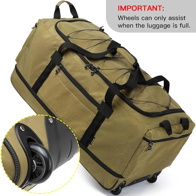 Laripwit Collapsible Duffle Bag with Wheels 130-170L Extra Large Expandable Travel Duffel Bag for Men Women Heavy Duty Military Duffle Bag for Camping Rolling Foldable Carry On Luggage, Brown