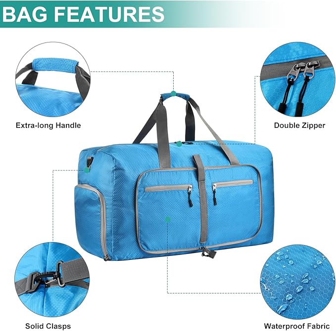 Dimayar Travel Duffle Bag for Men Women - Foldable Duffel Bag with Shoes Compartment - Overnight Bags Waterproof & Tear Resistant(85L,Light Blue)