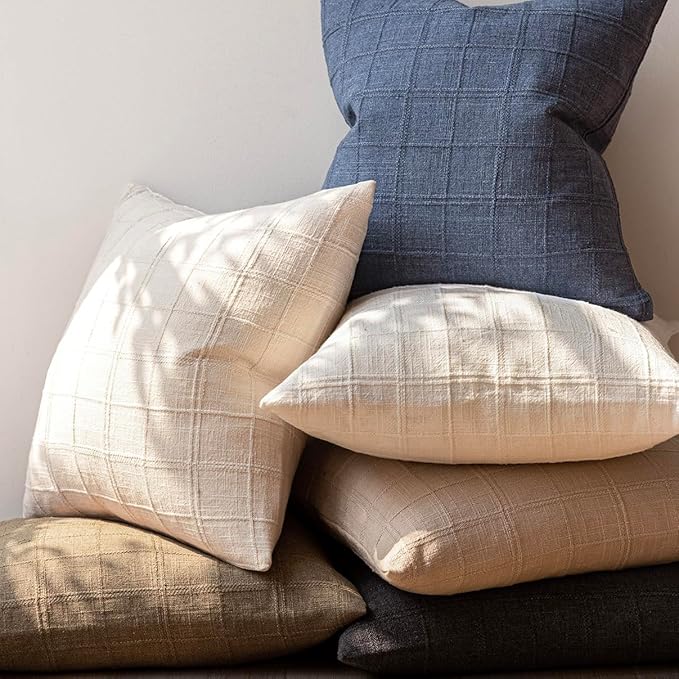Foindtower Set of 2 Decorative Linen Check Throw Pillow Covers Neutral Farmhouse Vintage Cushion Covers Modern Boho Home Decor for Sofa Chair Couch Bedroom Living Room,26×26 Inch,Natural Beige