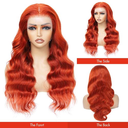 Ginger Lace Front Wigs - Human Hair, 13x6 HD Body Wave, Pre-Plucked with Baby Hair, 180 Density, Glueless, Ginger Orange, 20"