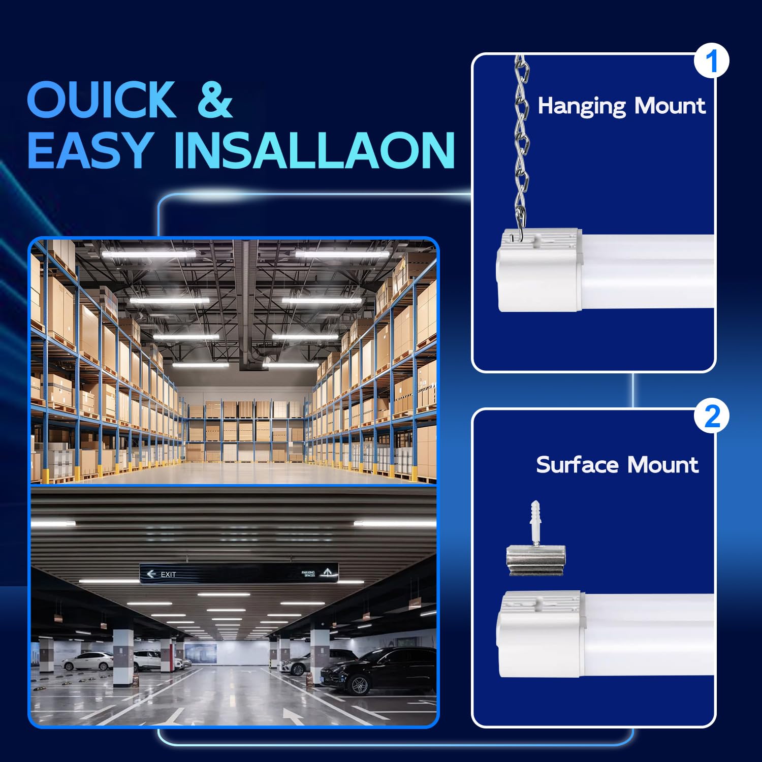 hykolity 4 Pack Linkable LED Shop Light, 4FT 42W [250W Equivalent], 4400lm, 5000K Daylight, with Plug, Utility Light Fixture, Hanging or Surface Mount, White