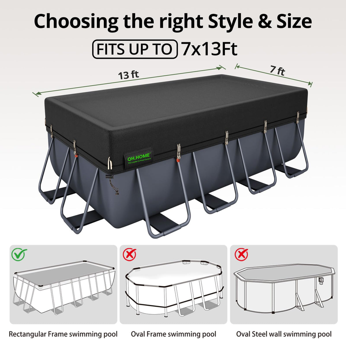 QH.HOME 550D 8x16 Ft Rectangular Pool Cover [Upgraded Tear Resistant & Quadruple Windpoof]wth Pre-Installed Winch and Rope,Pool Covers for Above Ground Pools Rectangle-Snug Fit & Waterproof Protection