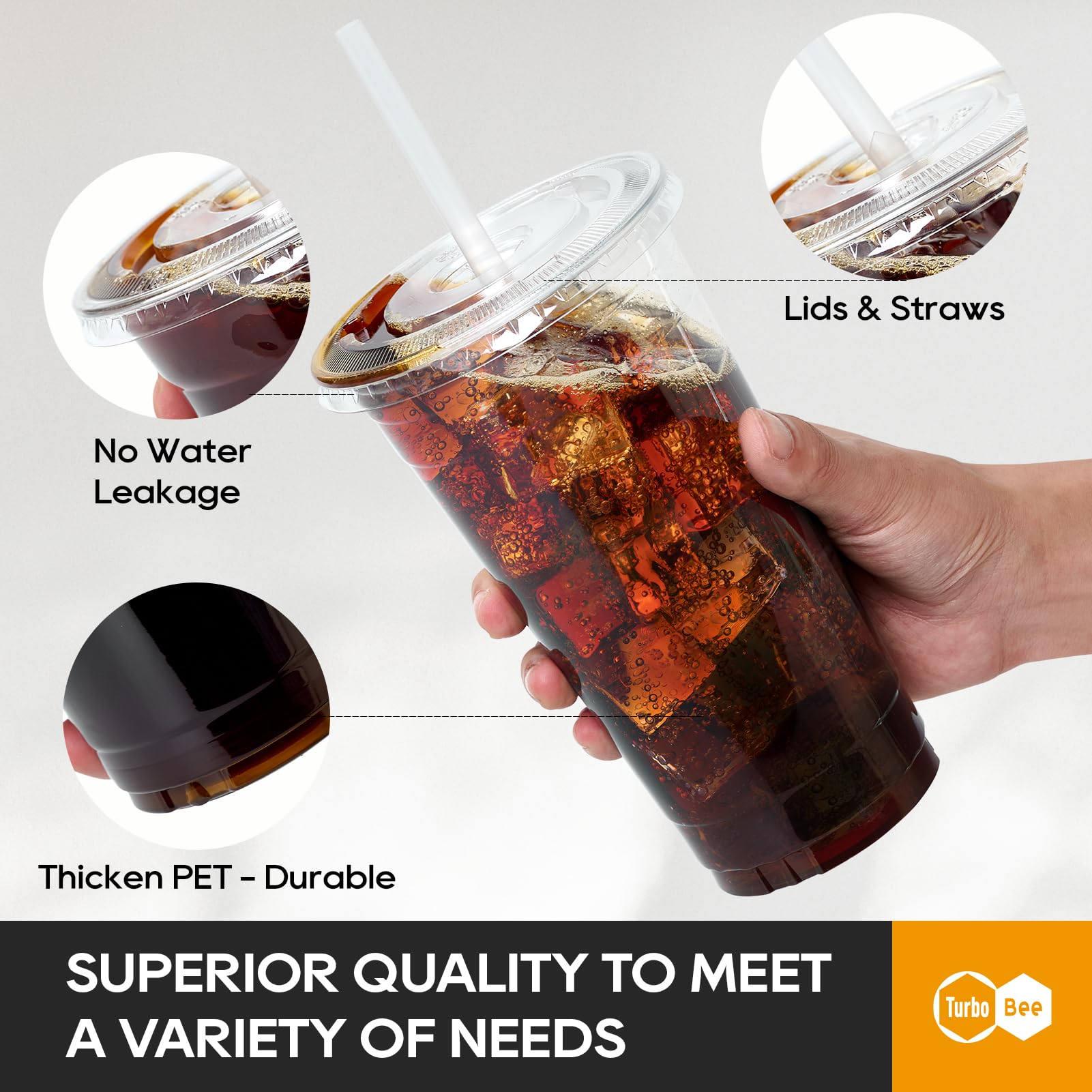 Turbo Bee 100 Sets 32 OZ Clear Plastic Cups with Lids and Straws, Disposable To Go Iced coffee cups with lids for Cold Drinks, Smoothie, and Slushie