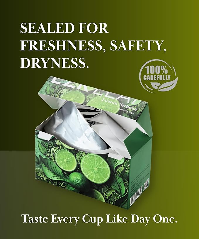 EZR Leaf Lemon Verbena Herbal Tea Caffeine-Free Decaf Relaxing Blend 20 Pyramid Tea Bags 1.4 Once with Rooibos, Lavender, Lemongrass