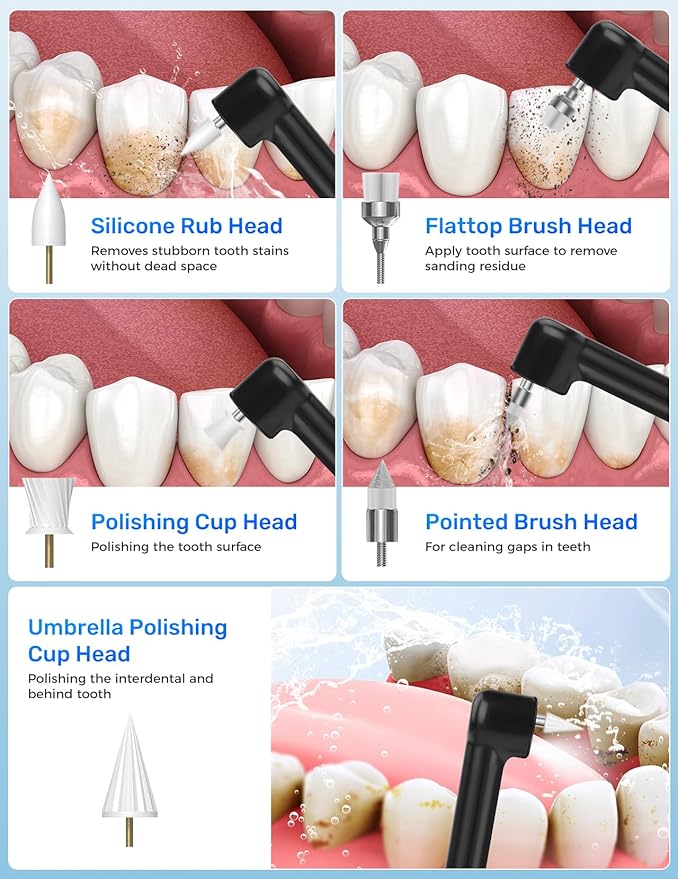 Tooth Polisher, Rechargeable Teeth Polishing Kit for Teeth Whitening, Tooth Polisher for Tartar Stain Removal, Teeth Cleaner Tools for Home Use with 3 Polish Paste and 5 Brush Heads, LED Light