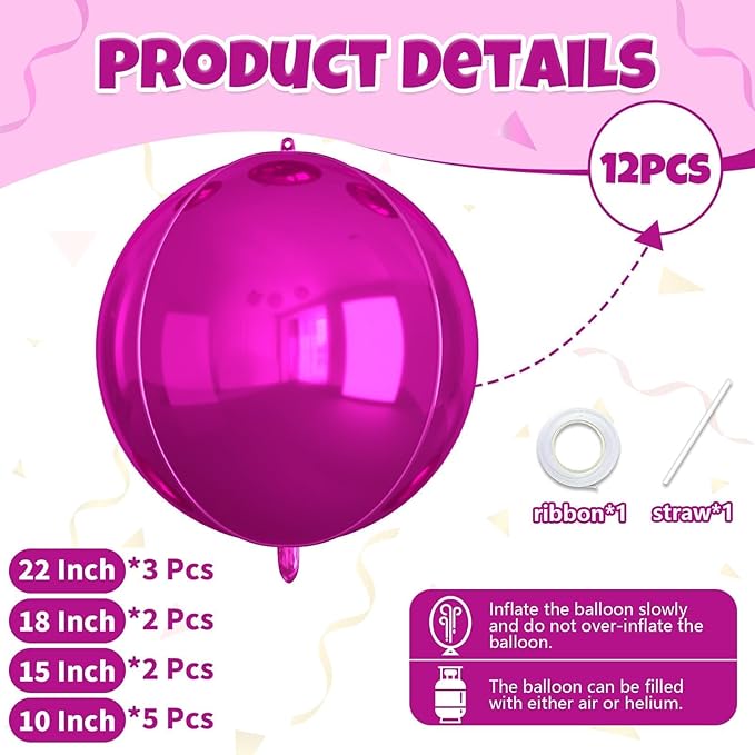 12Pcs Hot Pink Round Balloons Foil, 22" 18" 15" 10" 4D Round Ball Balloon, Large Hot Pink Metallic Balloons for Wedding Anniversary Birthday Party Baby Shower Princess Decorations Supplies