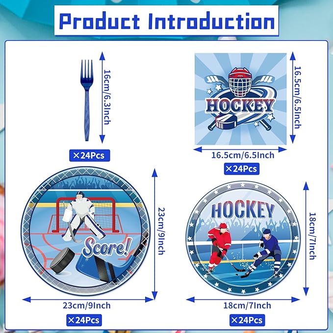 Rakuto Hockey Birthday Decorations Supplies, 96PCS Disposable Hockey Paper Plates and Napkins Forks, Sports Party Baby Shower Decor Tableware Set Dinnerware (24 Guests)