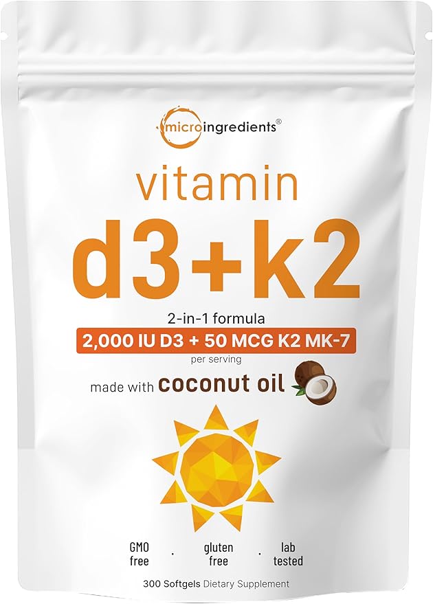 Micro Ingredients Vitamin D3 2,000 IU + K2 MK-7 50 mcg, 300 Softgels | Virgin Coconut Oil | 2-in-1 Bone, Immune & Heart Support | Easy to Swallow, Non-GMO