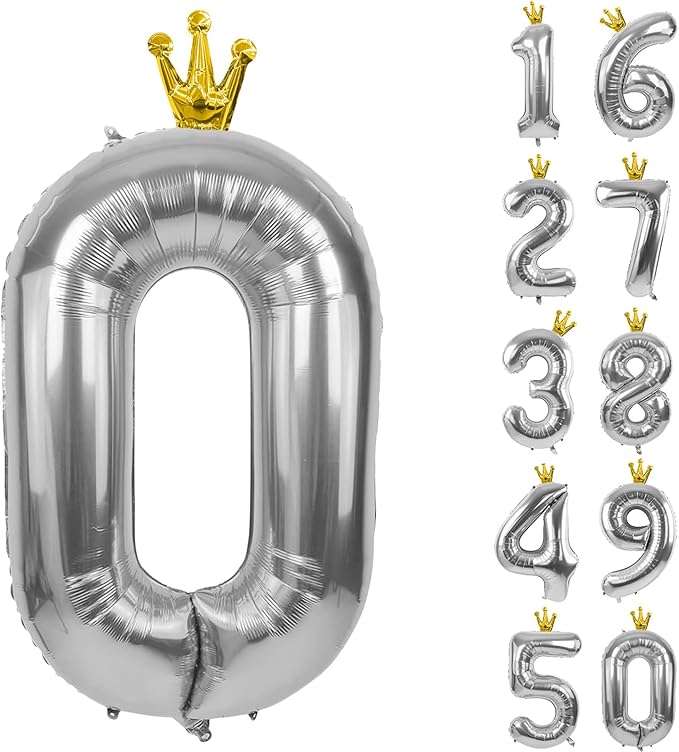Silver Number 0 Balloon with Crown, 40 inch Silver Number Balloon 0th Birthday Party Decoration Silver Crown Balloons 0-9 for Birthday Party Anniversary Decorations Supplies