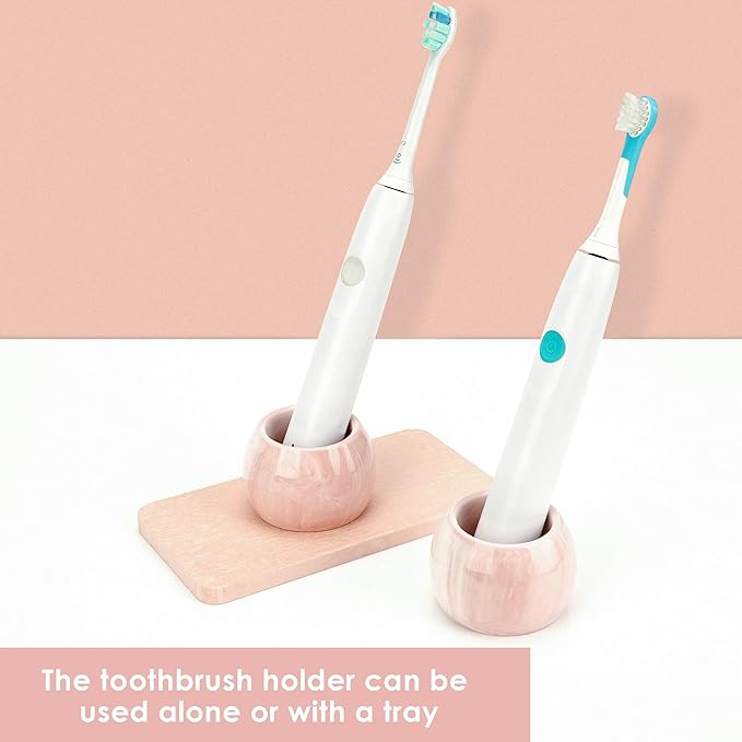 2 Pack Ceramic Toothbrush Holder with Diatomite Toothbrush Tray for Bathroom Shower Countertop Storage Organizer, Small Toothpaste Razor Electric Tooth Brush Head Stand (Pink)