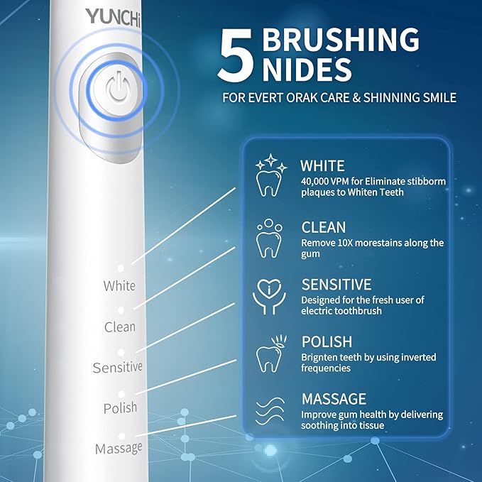 YUNCHI Sonic Electric Toothbrush for Adults & Kids with 8 Charcoal Brush Heads, Y2 Rechargeable Electric Toothbrushes, Deep Clean & Fresh Breath, 5 Modes, Fast Charge, 2 Mins Timer Tooth Brush,White