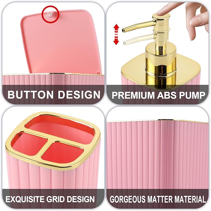 Pink Bathroom Set with Shower Curtain and Rugs- 25PC Bathroom Accessory Set, Pink Shower Curtain Set, Toilet Brush, Trash Can, Qtip Holder Dispenser & Soap Dispenser