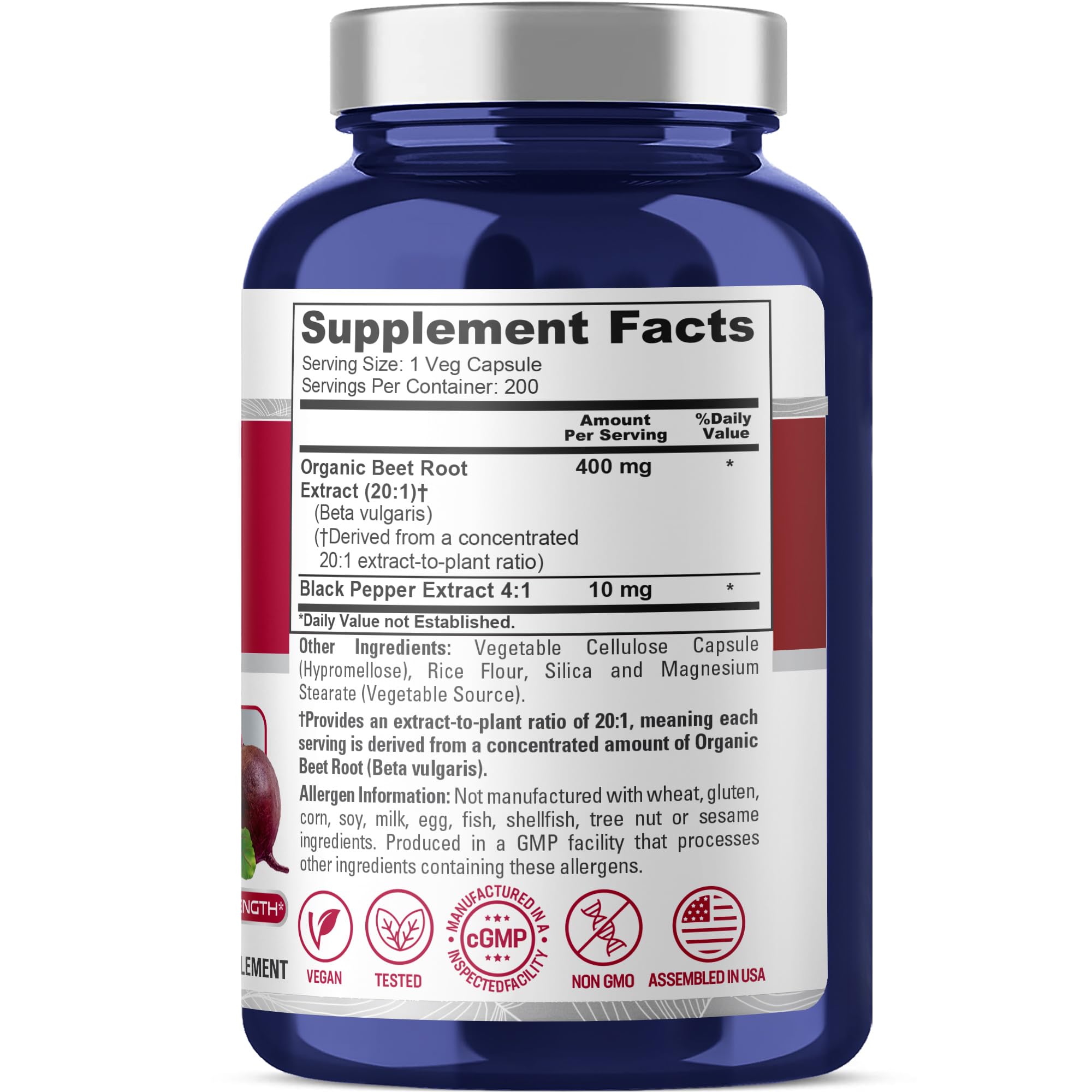 NusaPure Organic Beet Root, 400 mg, 200 Veg Capsules (Vegan, Non-GMO)