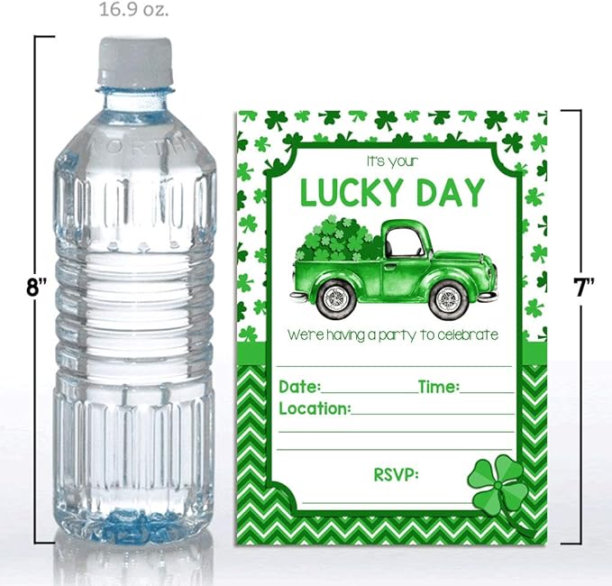 Lucky Day Truck with Clover Birthday St. Patrick’s Day Party Invitations, 20 5x7 Fill In Cards with Twenty White Envelopes by AmandaCreation