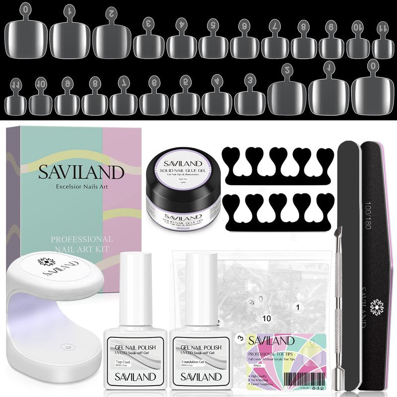 SAVILAND Toenail Tips and Solid Glue Gel: 500 PCS Clear Press on Toe Tips with Nail Glue Gel Base & Top Coat U V Light Pedicure Kit for Salon Home DIY Gift For Women